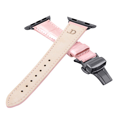 women's glossy pink leather band for black apple watch closer look